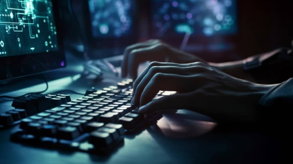 Close-up of hands typing on a backlit keyboard in a dark room