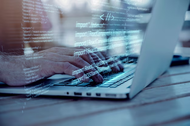 Human hands on a laptop keyboard, program code in the foreground