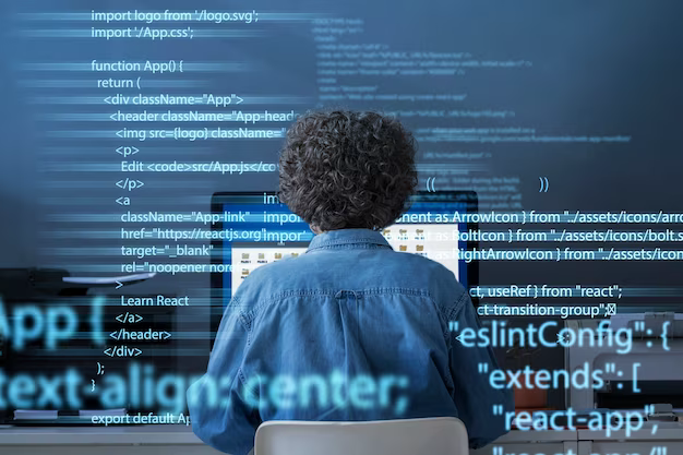 Rear view of a man working at a computer, program code nearby