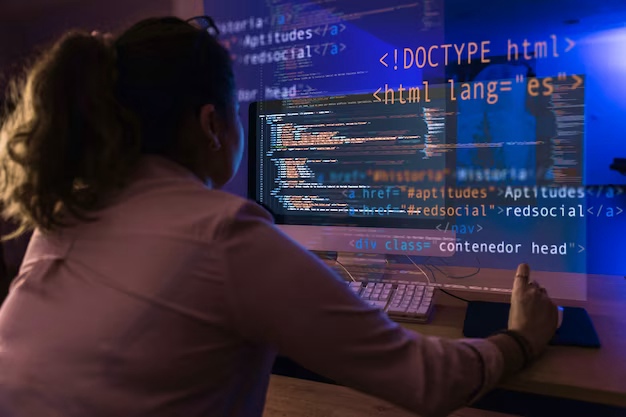 Woman working on a computer, program code in the foreground