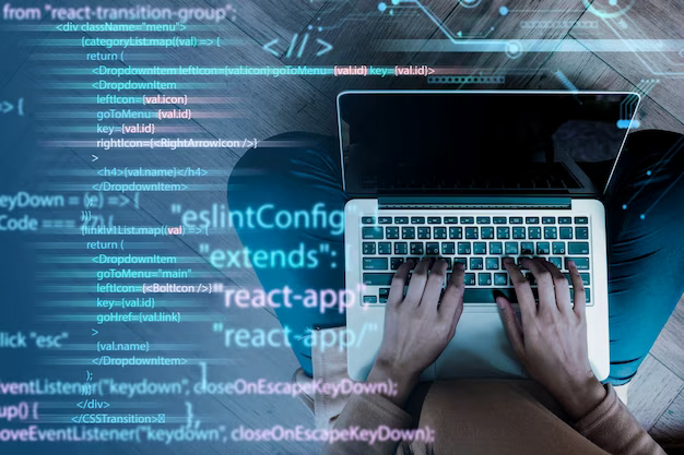 Man working at laptop, top view