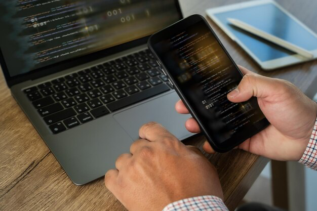 Man holding smartphone against laptop background