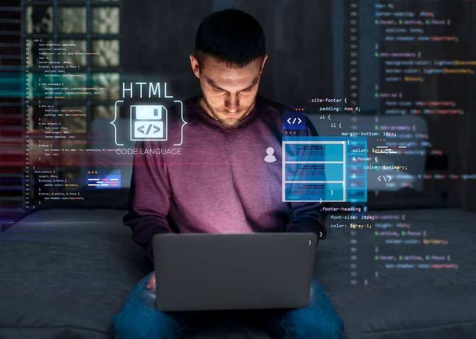 A man focused on coding with virtual HTML code graphics around him