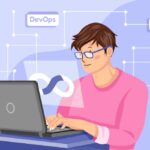 An individual working on a laptop with DevOps and CSS graphics