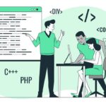 A teacher discussing code with a student at a computer