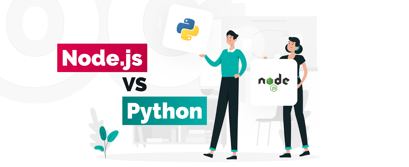 Shows the node.js vs python logo drawn on the picture