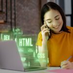 Woman using phone and computer with programming background collage