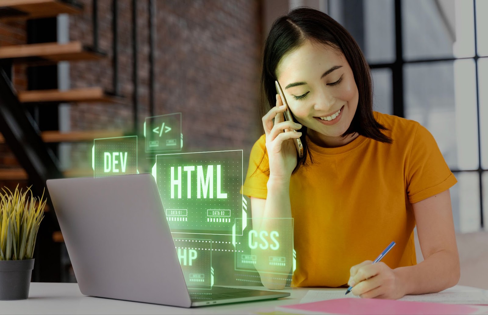 Woman using phone and computer with programming background collage